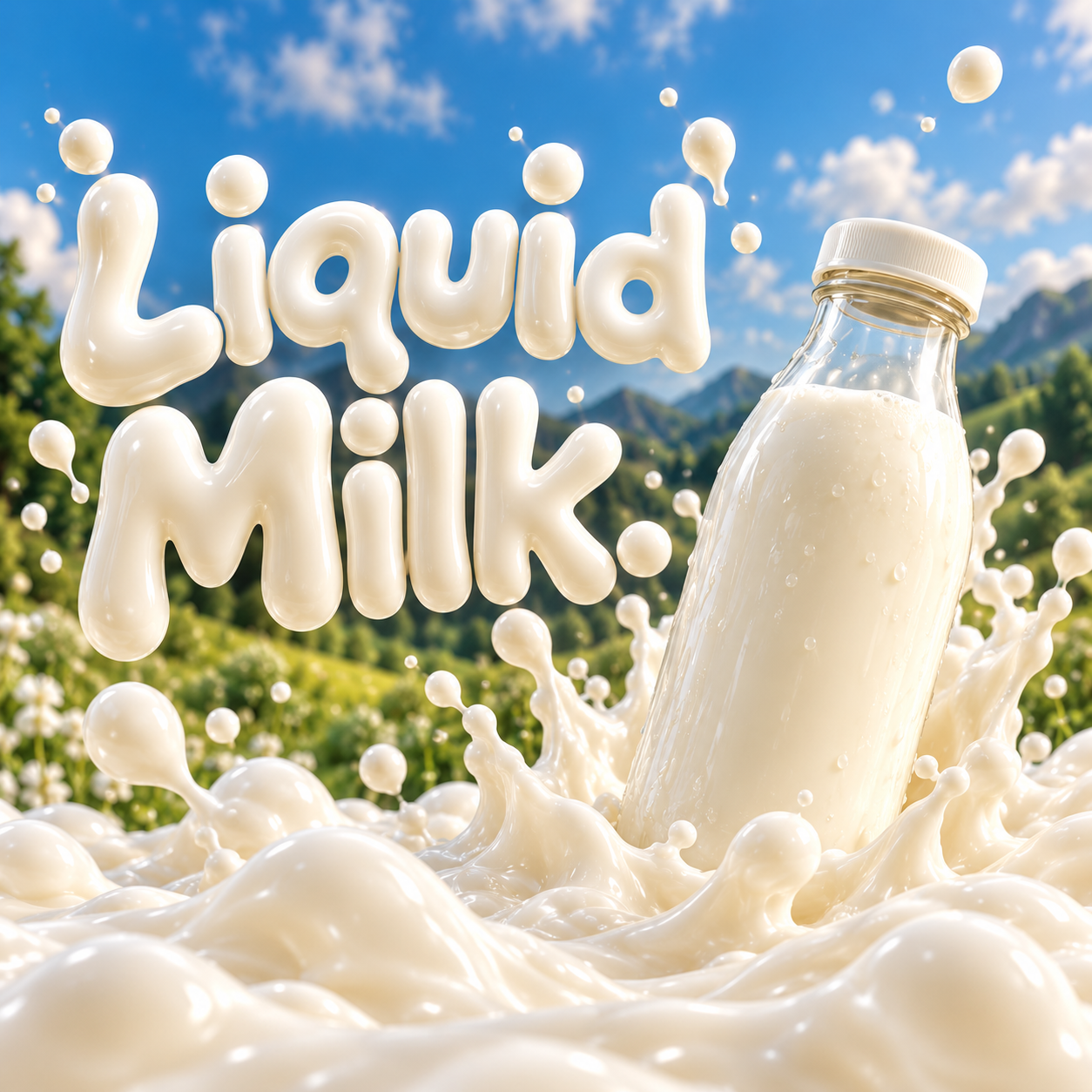 Glossy Liquid Milk lettering and a glass bottle rising from a milk splash